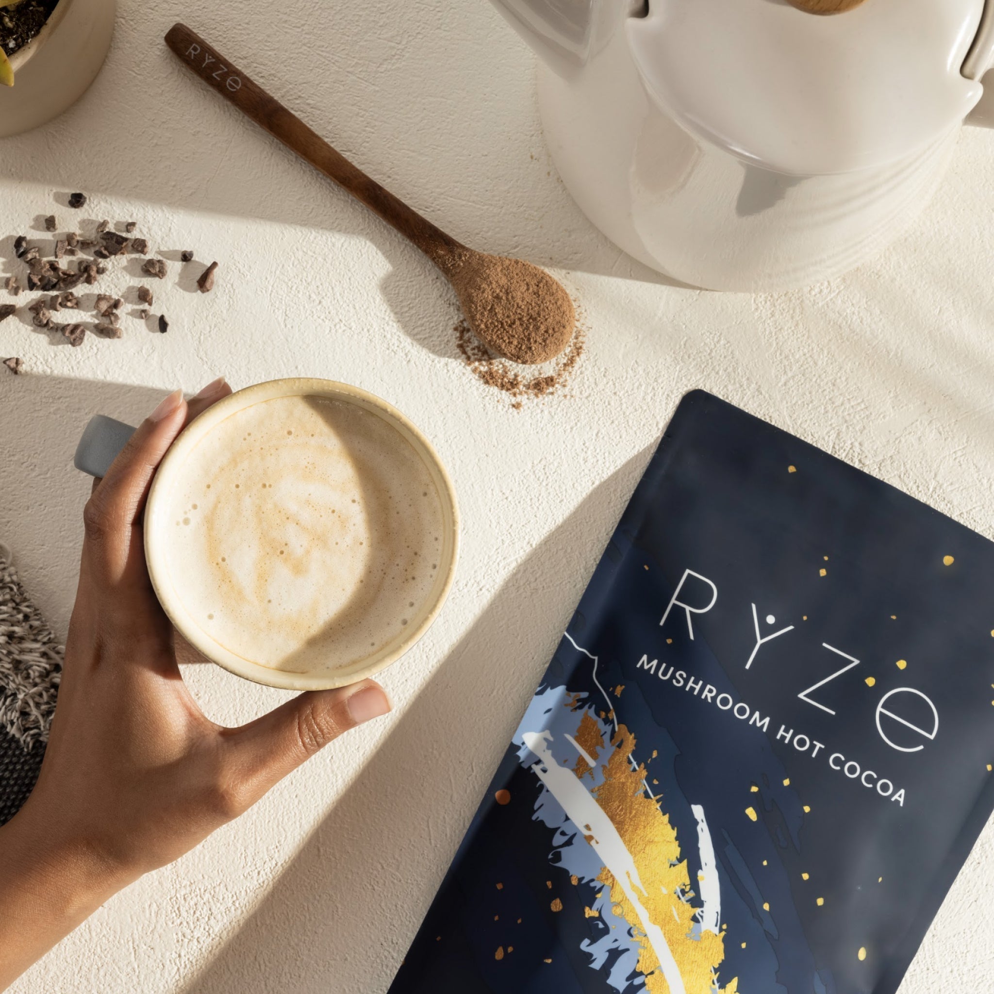 RYZE Mushroom Hot Cocoa — Organic Instant Cocoa with L-Theanine & Melatonin, 20 Servings M1