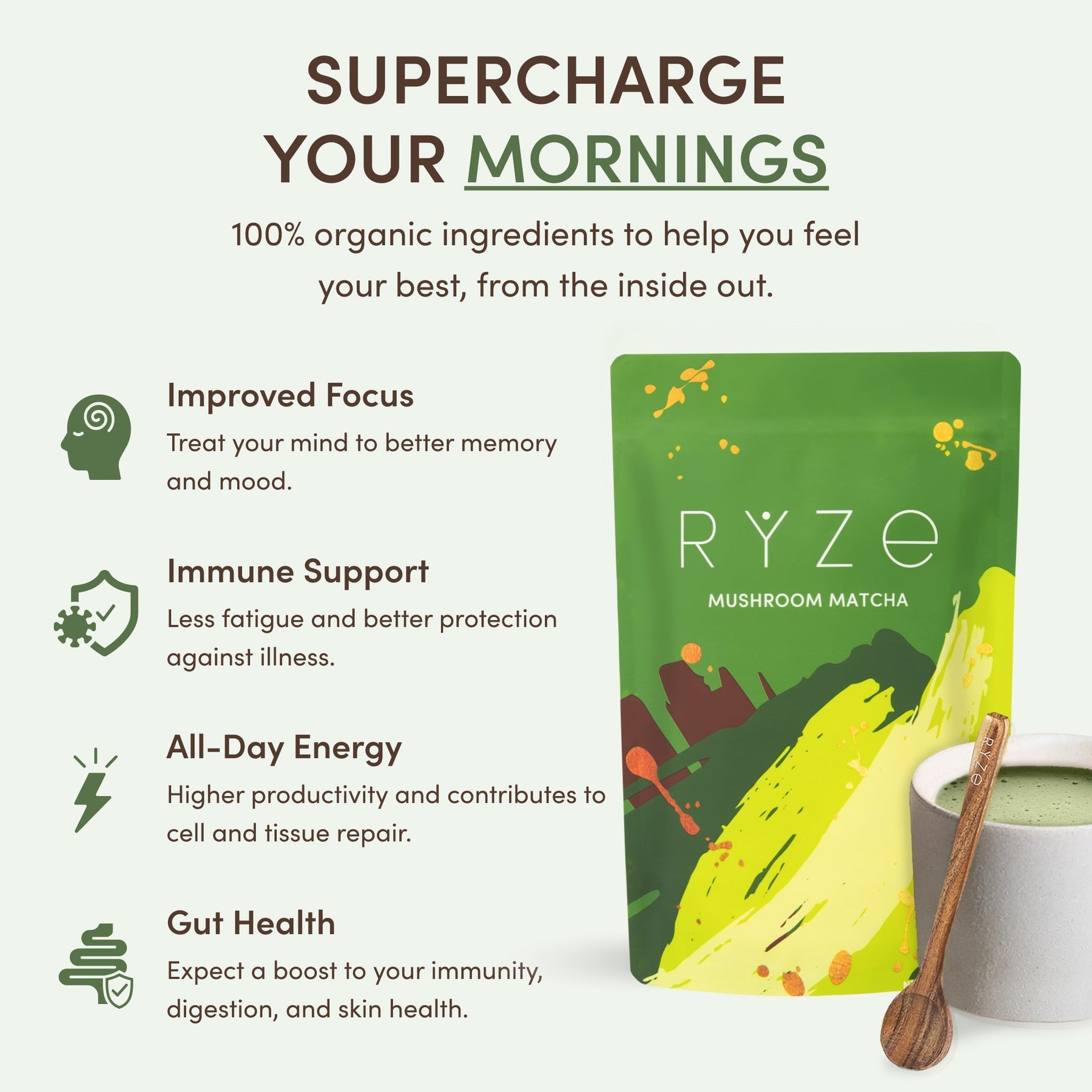 RYZE Mushroom Matcha — Organic Instant Matcha Latte with Lion's Mane & King Trumpet, 30 Servings T5